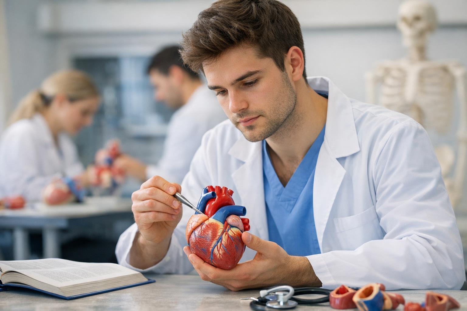 Student medycyny ćwiczący na modelu anatomicznym serca podczas zajęć praktycznych